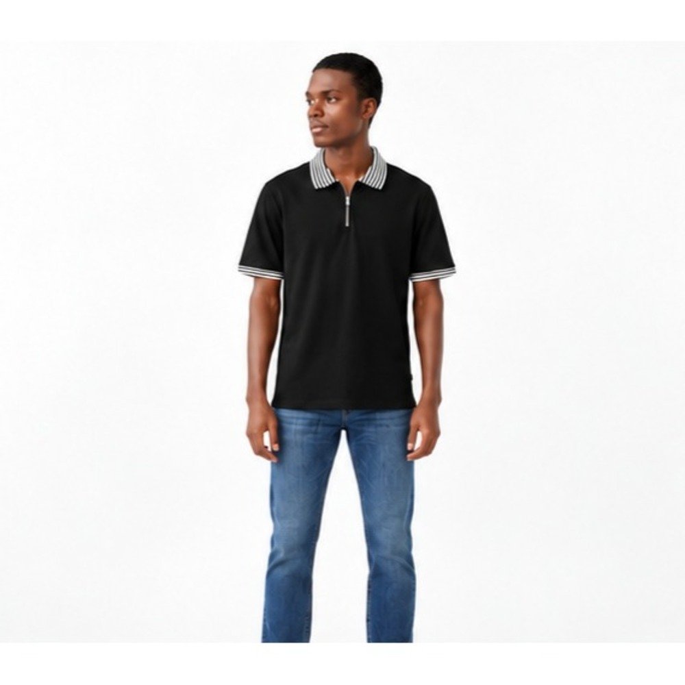 Free Assembly Mens Polo Shirt Size M Black Tipped Pique Stretch Quarter Zip